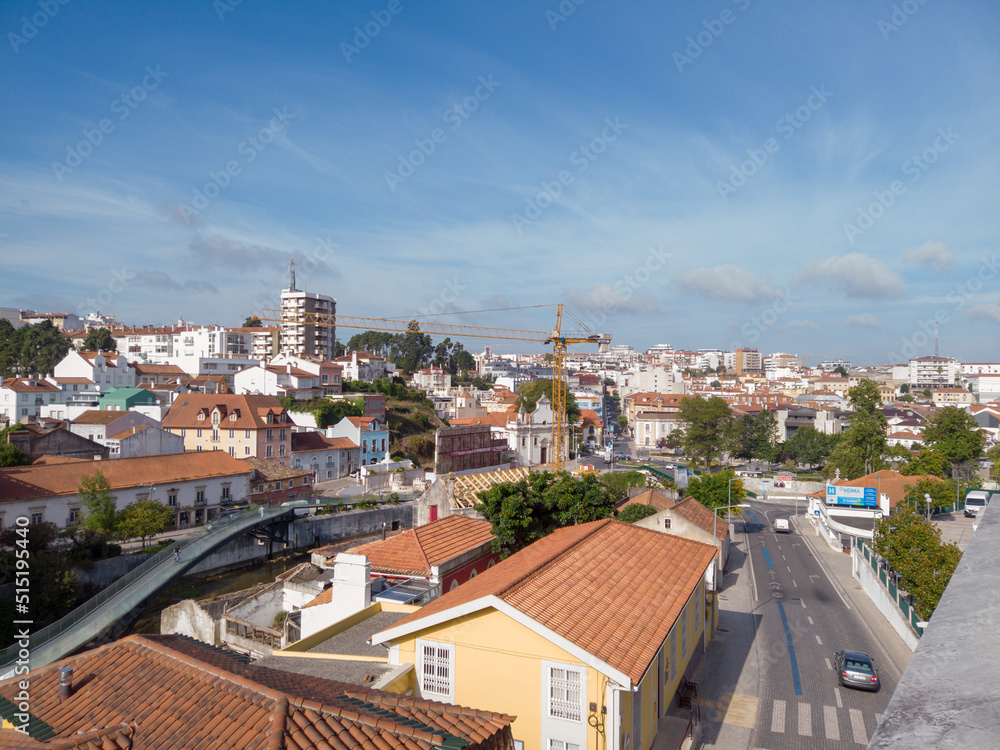 Leiria, Portugal, August 29, 2021: View of Leiria downtown cityscape with Lis River canal.