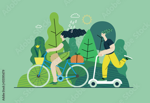 Ecology - Sustainable transport -Modern flat vector concept illustration of a young woman ridyng bycycle and a man on the scooter. Ecological transport metaphor. Creative landing web page template photo