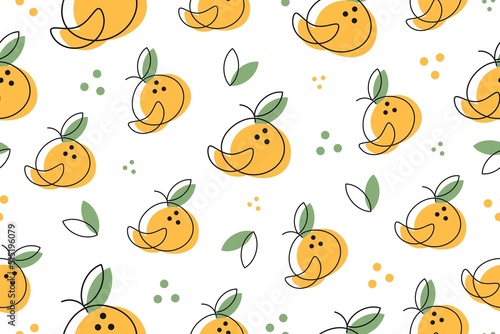 Tangerine or Orange Seamless Pattern. Hand drawn fresh tropical citrus fruits. Food Pattern for print  textile  fabric  wrapping paper  wallpaper  scrapbooking. Vector illustration  outline style. 
