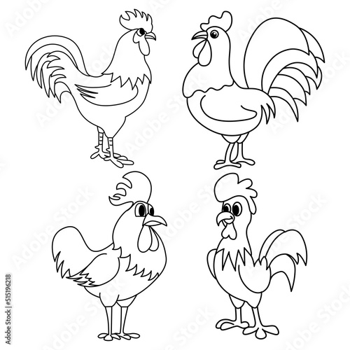 Set of cute rooster animals cartoon coloring page illustration vector. For kids coloring book.