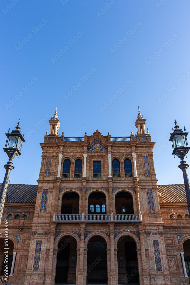 Seville, Spain, September 11, 2021: The Spanish Steps in Seville or 'Plaza de España', where the main building of the Ibero-American Exhibition of 1929 was built.