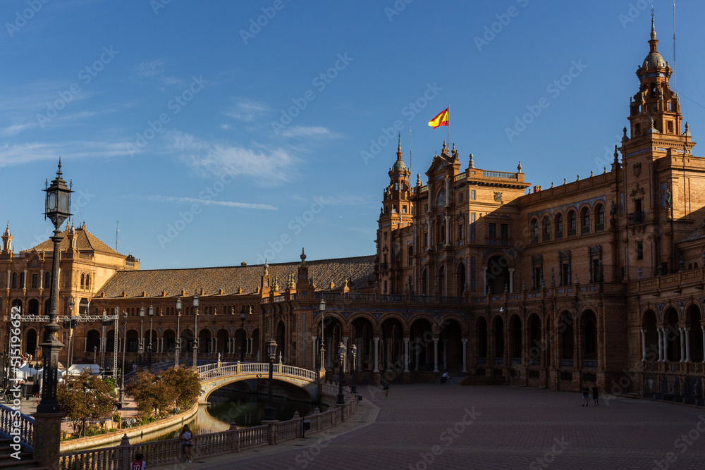 Seville, Spain, September 11, 2021: The Spanish Steps in Seville or 'Plaza de España', where the main building of the Ibero-American Exhibition of 1929 was built.