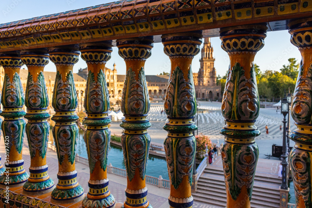 Fototapeta premium Seville, Spain, September 11, 2021: The Spanish Steps in Seville or 'Plaza de España', where the main building of the Ibero-American Exhibition of 1929 was built. Balcony details.