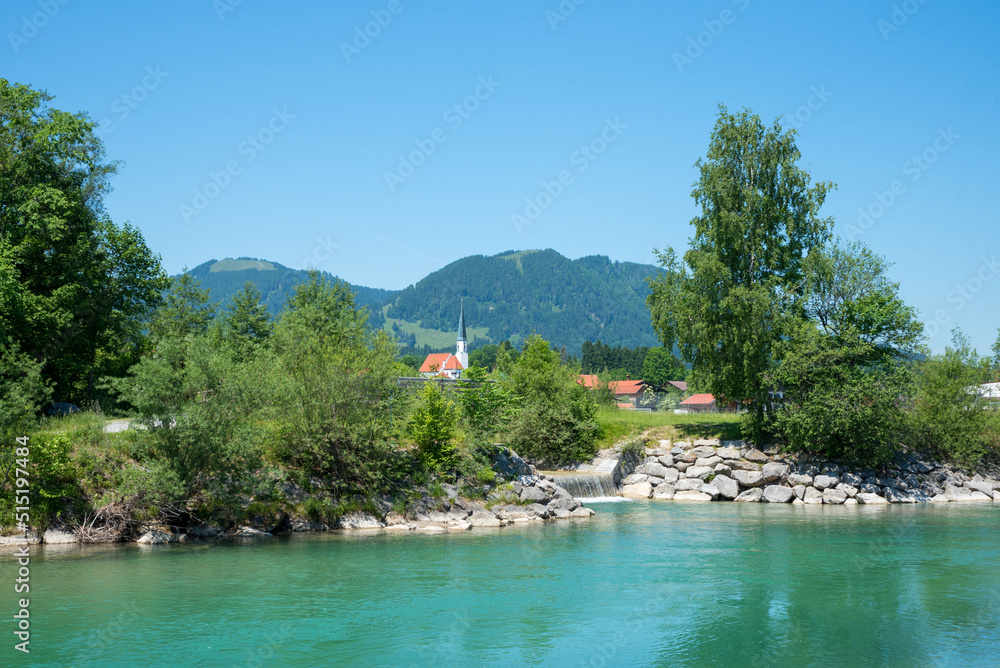 Fototapeta premium isar river near Arzbach, beautiful bavarian landscape with church