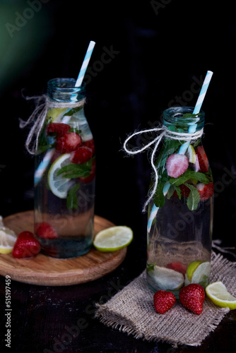 Detox water  infused healthy drinks. Bright summer healthy natural summer cocktails. Refreshing  diet  natural water. Summertime aesthetic