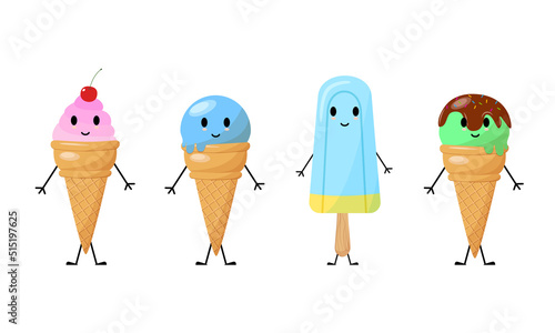 Collection of funny cheerful ice cream cartoon characters with eyes, hands and legs. Vector illustration isolated on white background