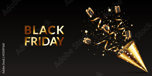 Gold party hat with stars, ribbons, boxes and confetti on black background. BLACK FRIDAY concept.
