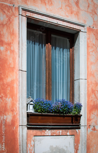 Wooden window with flowers in old building with colorful wall