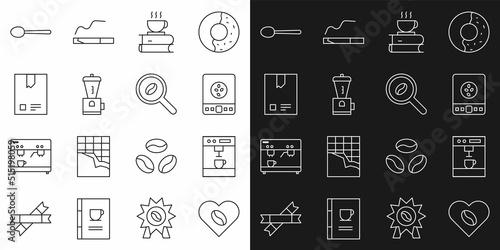 Set line Coffee Lovers, machine, Electronic coffee scales, cup and book, Electric grinder, Bag beans, Spoon and Selection icon. Vector