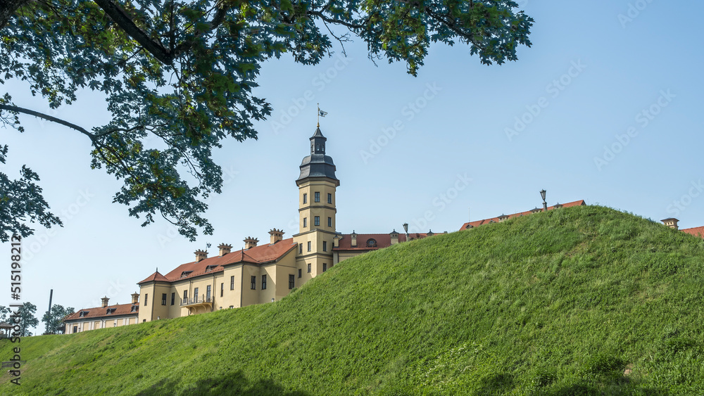 Image of Nesvizh Castle, Belarus. Medieval castle and palace. Restored medieval fortress. Heritage concepts.