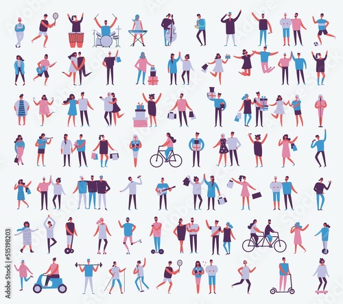 Concept of young people walking, running and jumping in the park. Stylish modern vector illustration card with male and female teenagers