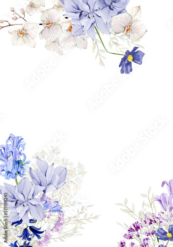 Violet floral border watercolor illustration wedding card with hand drawn boho flower bluebells and wildflowers. Elegant garden blue and white flowers in color trendy very peri.
