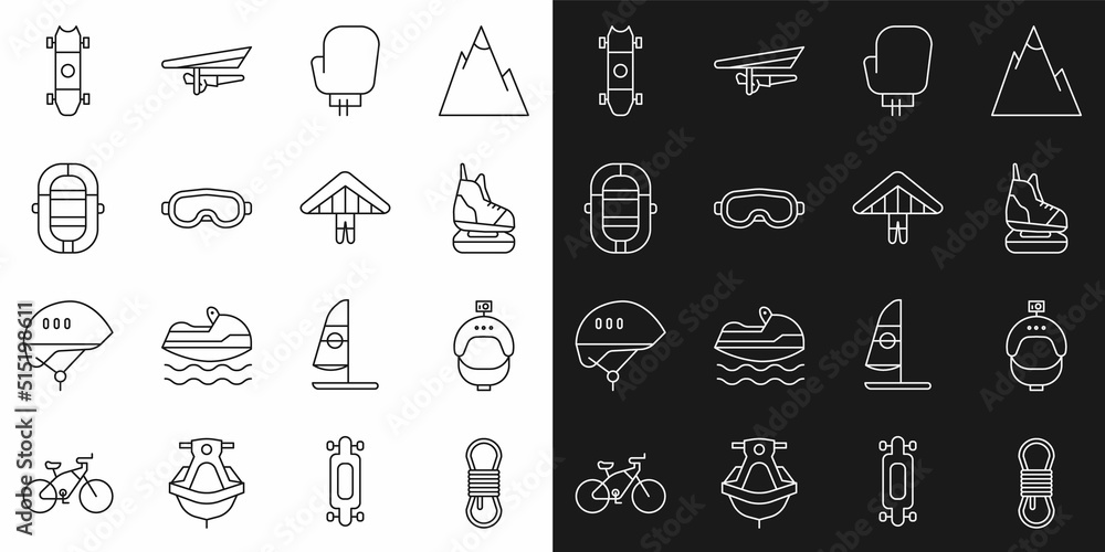 Set line Climber rope, Helmet and action camera, Skates, Boxing glove, Ski goggles, Rafting boat, Longboard or skateboard and Hang glider icon. Vector Set line Climber rope, Helmet and action camera, Skates, Boxing glove, Ski goggles, Rafting boat, Longboard or skateboard and Hang glider icon. Vector