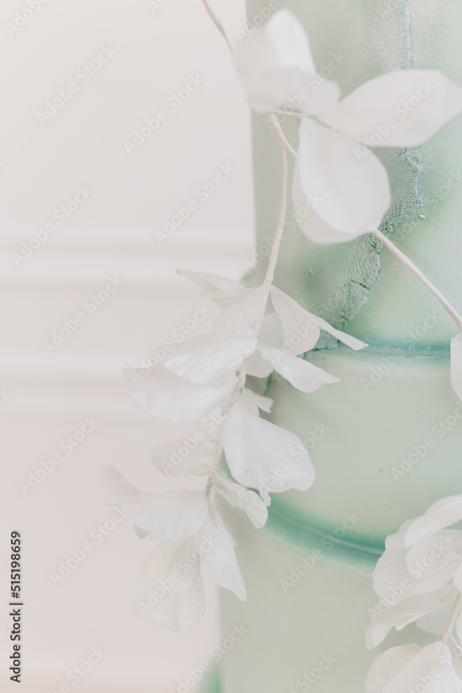 A large three-tiered wedding cake. The cake is covered with mastic of light green color in the form of stone marble. Decorations in the form of white rice paper flowers on a white background. Artistic A large three-tiered wedding cake. The cake is covered with mastic of light green color in the form of stone marble. Decorations in the form of white rice paper flowers on a white background. Artistic