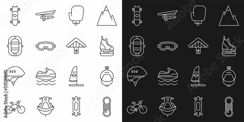 Set line Climber rope, Helmet and action camera, Skates, Boxing glove, Ski goggles, Rafting boat, Longboard or skateboard and Hang glider icon. Vector