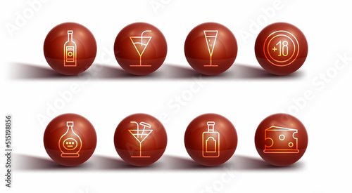 Set line Glass bottle of vodka, Bottle cognac or brandy, Alcohol 18 plus, Whiskey, Cocktail, Cheese and champagne icon. Vector