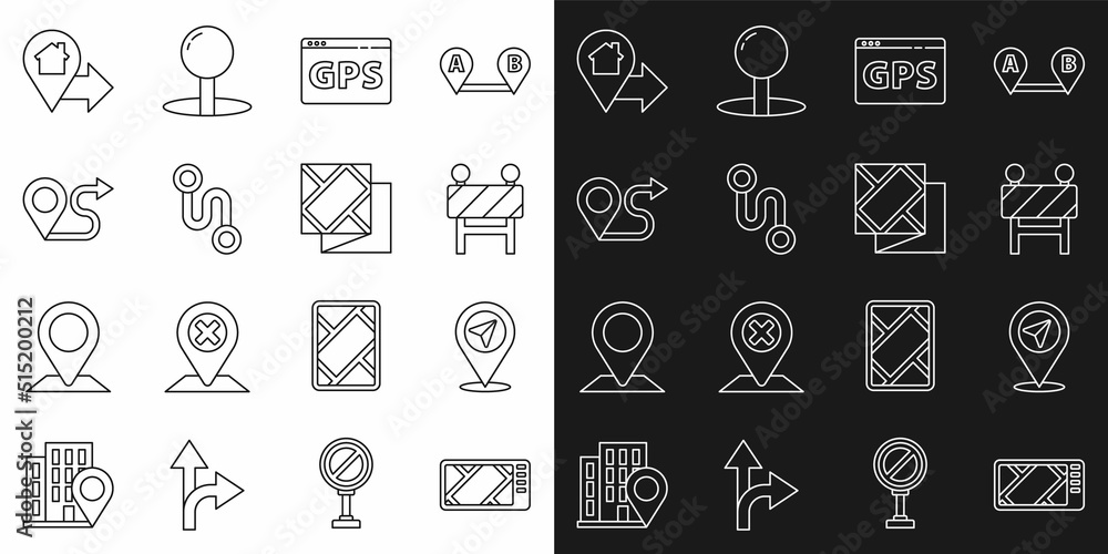 Set line Gps device with map, Location, Road barrier, Route location, house and Folded icon. Vector Set line Gps device with map, Location, Road barrier, Route location, house and Folded icon. Vector