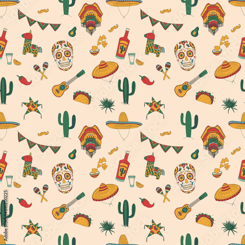 Seamless pattern with Mexican elements. Cactus, skull, hat and more. Hand-drawn flat vector illustration.