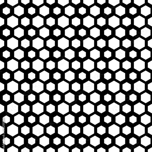 Repeated white figures on black background. Stylized honeycomb wallpaper. Seamless surface pattern design with hexagons. Mosaic motif. Digital paper for page fills, web designing, textile print.