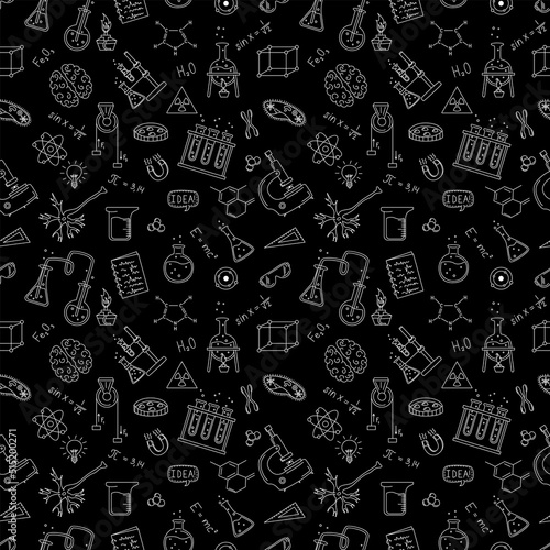 Seamless pattern with hand drawn scientific elements. Flasks, formulas, microscope and more. The concept of science, education.