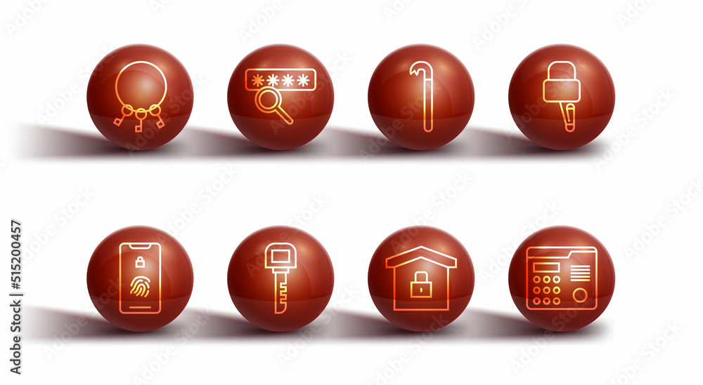 Set line Bunch of keys, Mobile with fingerprint scan, Lock picks for lock picking, House under protection, Key, Password, intercom system and Crowbar icon. Vector Set line Bunch of keys, Mobile with fingerprint scan, Lock picks for lock picking, House under protection, Key, Password, intercom system and Crowbar icon. Vector