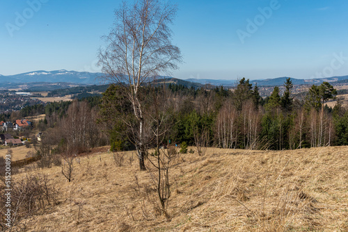 Amazing aerial panoramic view on the mountains, forest, village from observation deck in Poland, Rabka-Zdroj