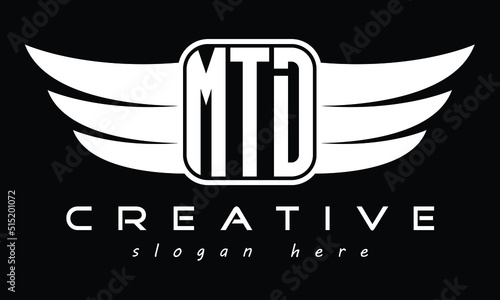 MTD three Letter Wings Flying Initial wing symbol minimalist creative concept flag icon professional logo design Vector template with abstract black and white tattoo photo