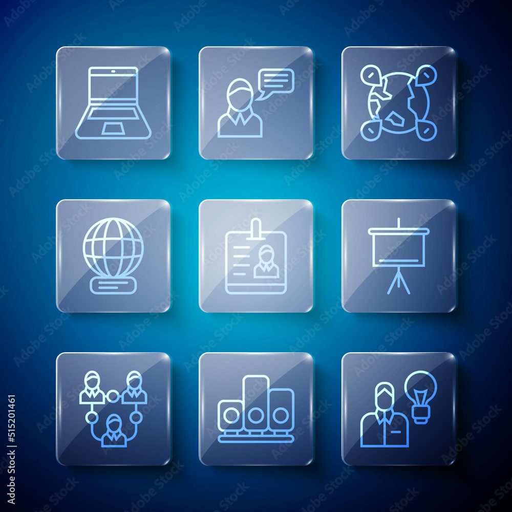 Set line Project team base, Ranking star, Human with lamp bulb, Location on the globe, Identification badge, Worldwide, Laptop and Chalkboard icon. Vector Set line Project team base, Ranking star, Human with lamp bulb, Location on the globe, Identification badge, Worldwide, Laptop and Chalkboard icon. Vector