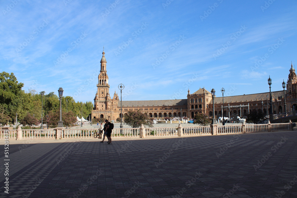 Naklejka premium Seville, Spain, September 11, 2021: The Spanish Steps in Seville or 'Plaza de España', where the main building of the Ibero-American Exhibition of 1929 was built. The North Tower.