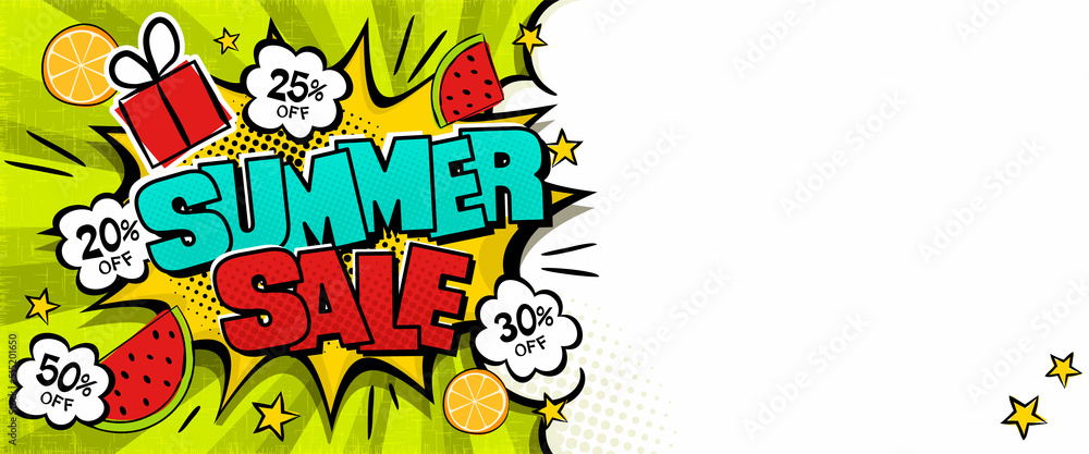 Bright comic banner for summer sale or seasonal discounts. Cloud text frame on a ray background. Template for web design, flyers, banners, coupons, applications and posters. Vector illustration