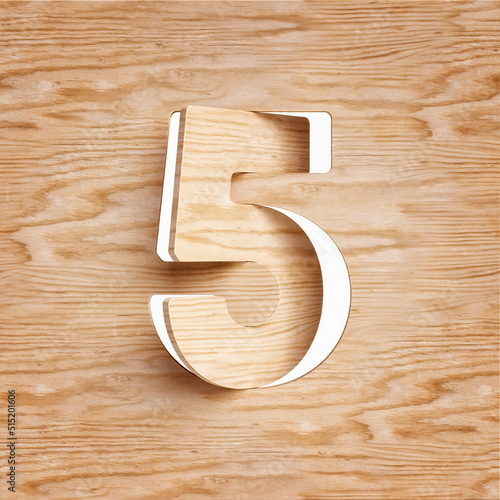 Wood cut out font digit number 5. High quality 3D rendering.