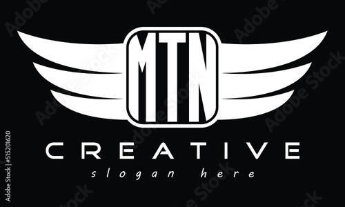 MTN three Letter Wings Flying Initial wing symbol minimalist creative concept flag icon professional logo design Vector template with abstract black and white tattoo