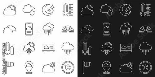 Set line Celsius, Cloud with rain, Rainbow, Moon and stars, Weather forecast, Sun cloud weather and icon. Vector