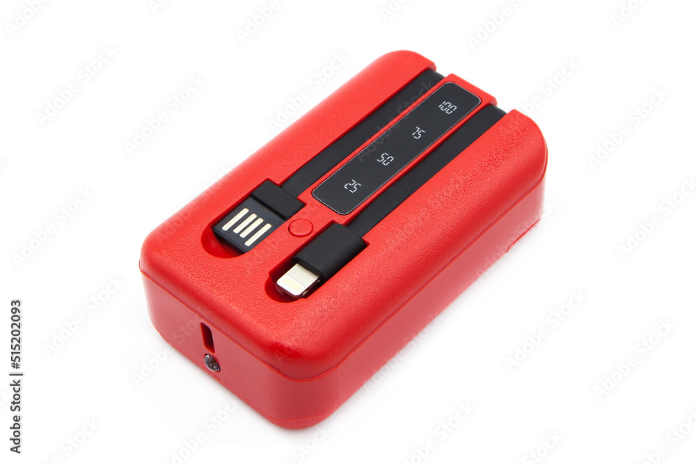 Power Bank of red color isolated on white background. Power Bank of red color isolated on white background.