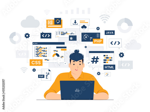 Programmer, Developer, engineer with laptop sitting at the office desk holding a pen while coding and developing concept illustration © Genkomono