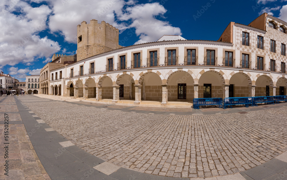 Badajoz, Spain, September 10, 2021: The Consistorial House of Badajoz in the High Square (Plaza Alta). The Plaza Alta was the center of the city since it exceeded the limits of the Muslim citadel.