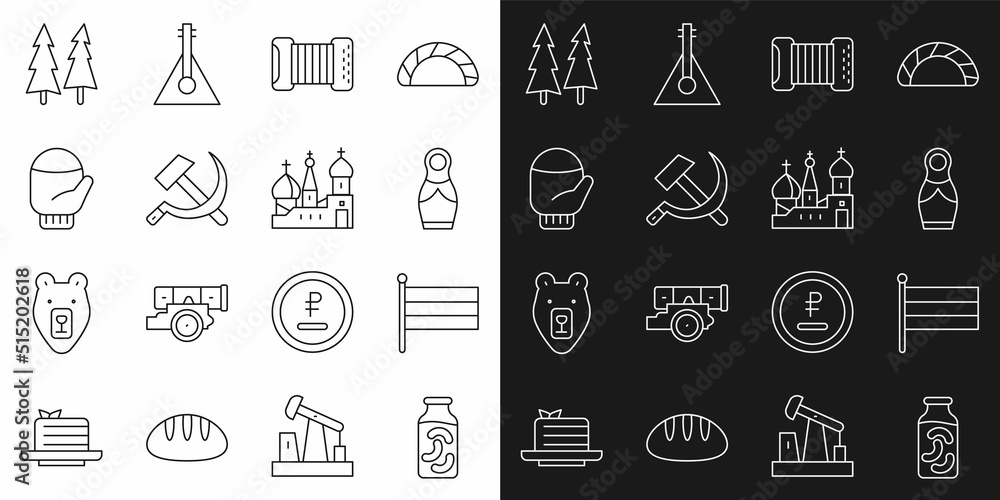 Set line Pickled cucumbers in a jar, National Russia flag, Russian doll matryoshka, Accordion, Hammer and sickle USSR, Christmas mitten, tree and Saint Basil's Cathedral icon. Vector Set line Pickled cucumbers in a jar, National Russia flag, Russian doll matryoshka, Accordion, Hammer and sickle USSR, Christmas mitten, tree and Saint Basil's Cathedral icon. Vector