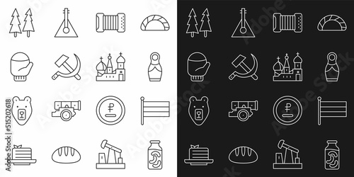 Set line Pickled cucumbers in a jar  National Russia flag  Russian doll matryoshka  Accordion  Hammer and sickle USSR  Christmas mitten  tree and Saint Basil s Cathedral icon. Vector