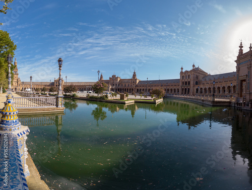 Seville, Spain, September 11, 2021: The Spanish Steps in Seville or 'Plaza de España', where the main building of the Ibero-American Exhibition of 1929 was built. The square of Plaza de Espana.