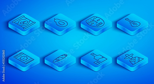 Set line Beans in can, Avocado, Aztec mask, Cigar, Tequila bottle and glass, Mexican guitar, carpet and man sombrero icon. Vector