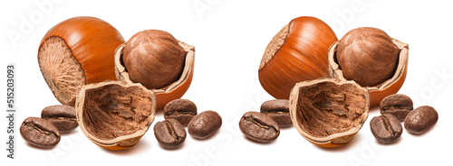 Set of hazelnuts and coffee beans isolated on white background