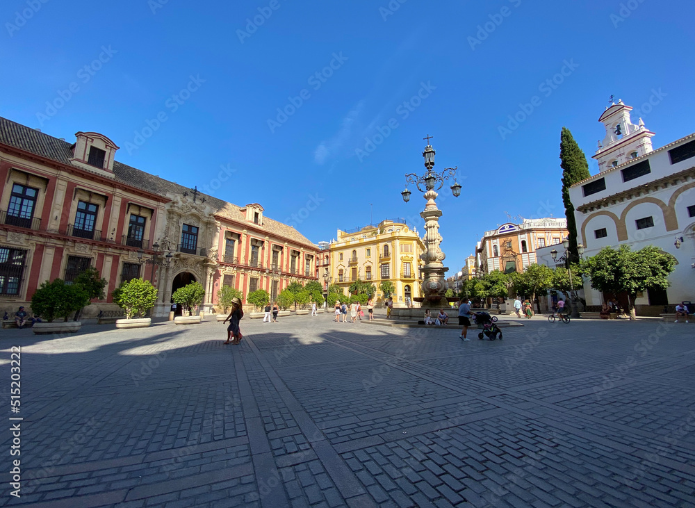 Seville, Spain, September 12, 2021: The Archbishop's Palace of Seville (Palacio Arzobispal). It has served as the residence of bishops and archbishops of the episcopal sees and numerous noblemen.
