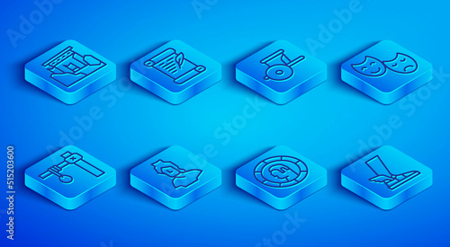 Set line Ancient ruins, Decree, parchment, scroll, chariot, bust sculpture, Greek coin, Comedy and tragedy masks, Gallows and Hermes sandal icon. Vector