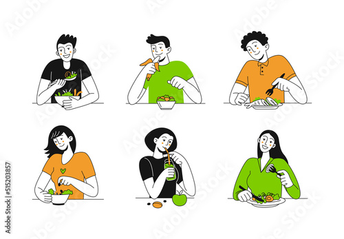 Set of happy people who eat delicious healthy food. Balanced menu. Diet. Healthy lifestyle. Vector trendy flat illustration