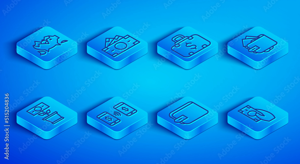 Set line Broken piggy bank, Stacks paper money cash, Briefcase and, Money payment transfer, Wallet, with, plant in the pot and Fast payments icon. Vector Set line Broken piggy bank, Stacks paper money cash, Briefcase and, Money payment transfer, Wallet, with, plant in the pot and Fast payments icon. Vector