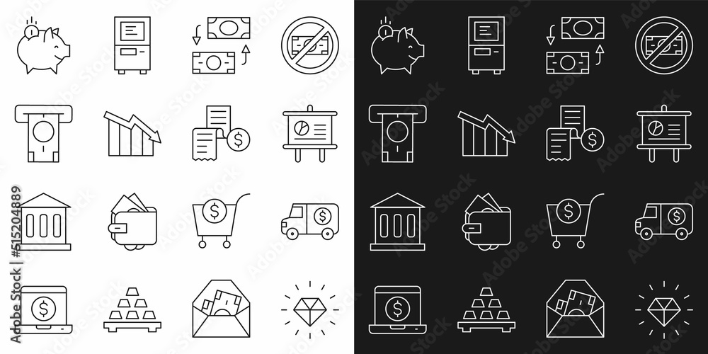 Set line Diamond, Armored truck, Chalkboard with diagram, Money exchange, Financial growth decrease, ATM and money, Piggy bank coin and Paper financial check icon. Vector