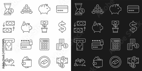 Set line Stacks paper money cash, Paper or financial check, Dollar symbol, Piggy bank, with coin, Money exchange, Hourglass dollar and plant the pot icon. Vector