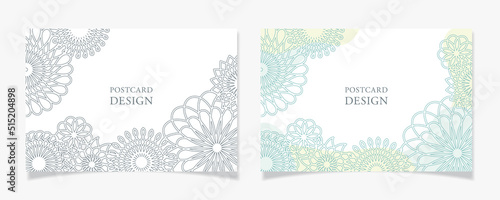 曲線で描いた花柄風のポストカードデザインJ1【ライトグレー／ライトグリーン】