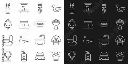 Set line Drying clothes, Bathrobe, Washbasin with water tap, Towel on hanger, stack, Toilet urinal or pissoir, Cleaning spray bottle and Blade razor icon. Vector