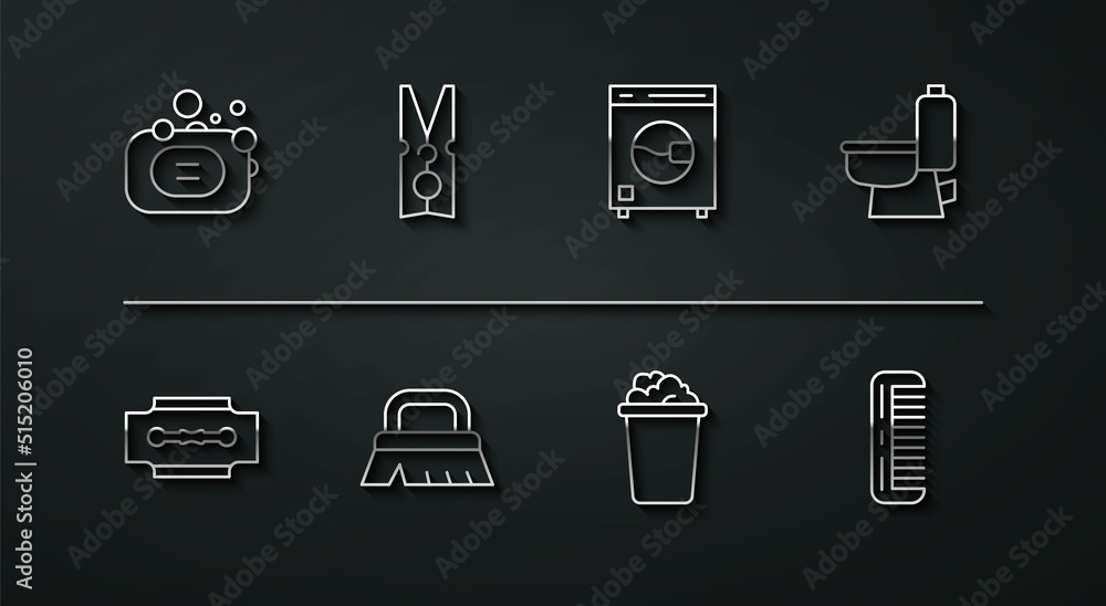 Set line Bar of soap, Blade razor, Toilet bowl, Bucket with suds, Brush for cleaning, Clothes pin, Hairbrush and Washer icon. Vector Set line Bar of soap, Blade razor, Toilet bowl, Bucket with suds, Brush for cleaning, Clothes pin, Hairbrush and Washer icon. Vector